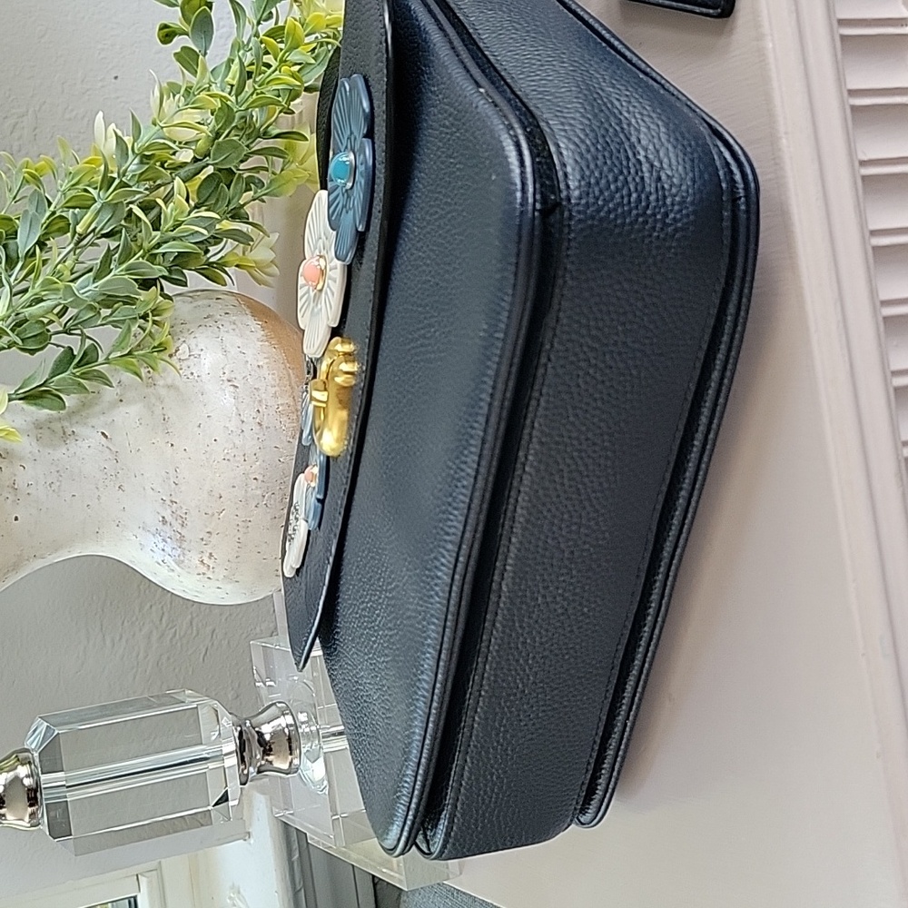 Navy Floral Appliqué Leather Shoulder Bag - Picture 9 of 15